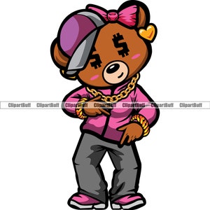 May include: A cartoon illustration of a brown bear wearing a pink jacket, a gray and purple baseball cap, a gold chain, and a pink bow. The bear has dollar signs for eyes and is holding its hands up in a gesture of peace.