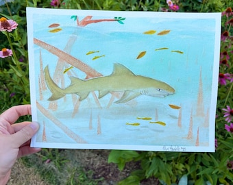 Lemon Shark Watercolor Painting: Original Ocean Art, 9x12"