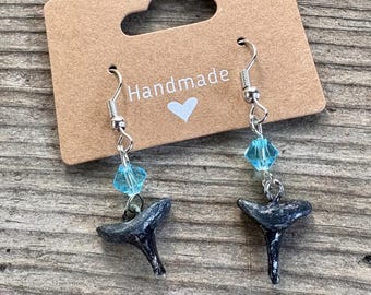 Shark Tooth Clay Earrings: Beaded, Sterling Silver Hooks, Ocean Lover Gift