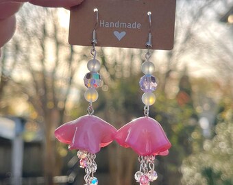 Pink Jellyfish Earrings: Handmade, Beaded, Sterling Silver Hooks