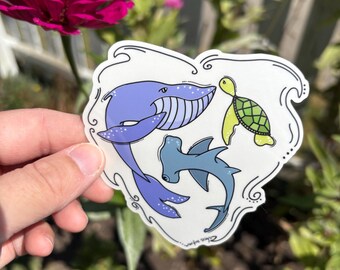 Ocean Lover Clear Waterproof Vinyl Sticker: Whale, Turtle, Hammerhead Shark