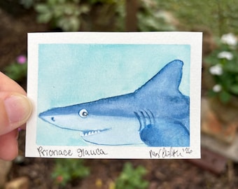 ACEO Original Hand-Painted ‘Shark Selfie’ Watercolor: Blue Shark  (2.5x3.5”)