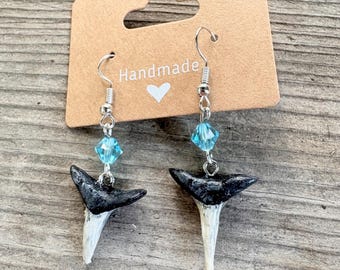 Clay Shark Tooth Earrings: Beaded, Sterling Silver Hooks