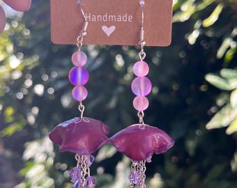 Purple Jellyfish Beaded Earrings: Handmade, Beaded, Sterling Silver Hooks