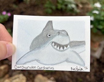 ACEO Original Hand-Painted ‘Shark Selfie’ Watercolor: Great White Shark #2  (2.5x3.5”)