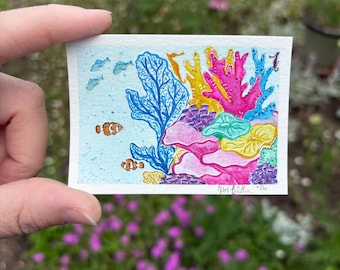 ACEO Original Hand-Painted Coral Reef Watercolor: Ocean Art (2.5x3.5”)