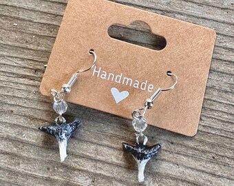 Shark Tooth Beaded Clay Earrings: Sterling Silver Hooks, Ocean Lover Gift