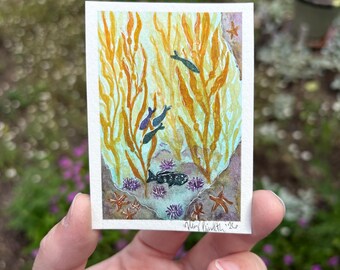 ACEO Original Hand-Painted Kelp Forest Watercolor: Ocean Art (2.5x3.5”)