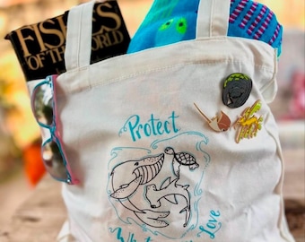 Reusable Cotton Market / Tote Bag :  “Protect What You Love” Ocean Lover Gift