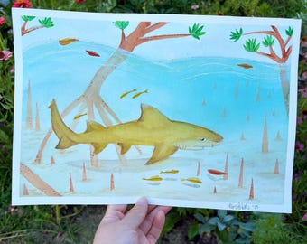Hand-Painted Lemon Shark Watercolor: Ocean Art