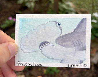 ACEO Original Hand-Painted ‘Shark Selfie’ Watercolor: Hammerhead Shark #2  (2.5x3.5”)