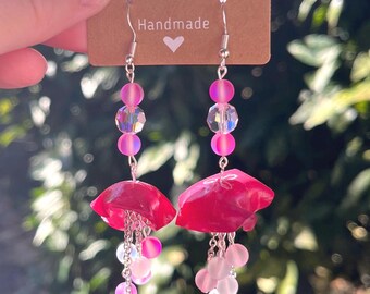 Pink Jellyfish Beaded Earrings: Handmade, Beaded, Sterling Silver Hooks