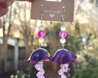 Handmade Purple Jellyfish Earrings: Beaded, Sterling Silver Hooks