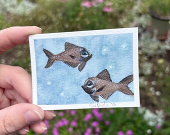 ACEO Original Hand-Painted Flashlight Fish Watercolor: Ocean Art (2.5x3.5”)