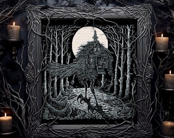 Baba Yaga's Hut Cross Stitch Pattern Horror Gift for Goth X-Stitch Witchy Blackwork Spooky Cross Stitch Halloween Cross Stitch Modern