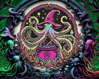 Hocus Octopus Cross Stitch Pattern Horror Gift for Goth X-Stitch Witchy Spooky Kraken Halloween Modern Xstitch Chart