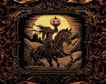 Sleepy Hollow Kreuzstich Muster Geschenk für Goth X-Stitch Spooky Holzschnitt Kreuzstich Muster Halloween Headless Horseman Kreuzstich