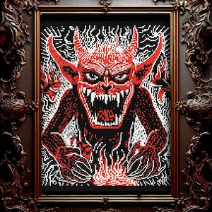 Demon Woodcut Cross Stitch Pattern Horror Gift for Goth X-Stitch Witchy Skeleton Spooky Cross Stitch Halloween Cross Stitch Modern Picasso