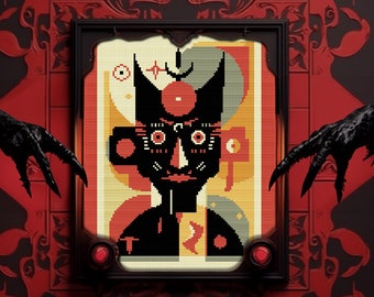 May include: A black and white pixelated image of a creature with a red circle on its forehead, set in a black frame with red buttons on the bottom. The image is surrounded by two black clawed hands.