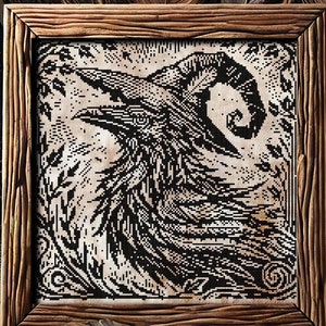 Woodcut Raven Witch Cross Stitch Pattern Horror Gift for Goth X-Stitch Witchy Woodcut Spooky Creepy Primitive Monochrome Halloween Modern Xstitch