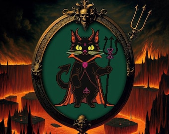 Puscifer Katze Kreuzstichmuster Geschenk für Goth X-Stitch Witchy Okkultes Dark Evil Satanic Spooky Halloween Holzschnitt Modern Xstitch