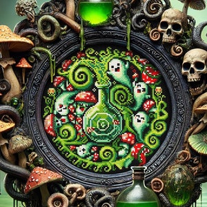 Ghosts Spirals Mushrooms Potion Cross Stitch Pattern Spooky Gift for Goth Funny Whimsical Creepy Magic Mushroom Modern Kawaii Snarky