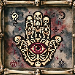 Patrón de punto de cruz de mano de Hamsa "No ver el mal de ojo" Regalo oculto para góticos Punto de cruz Calavera de bruja Amuleto místico esotérico espeluznante Halloween Moderno PDF