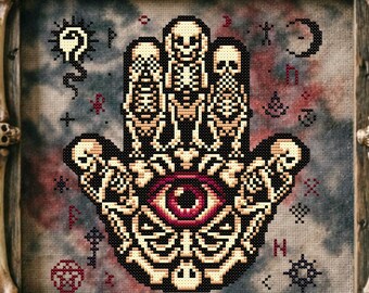 See No Evil Eye Hamsa Hand Cross Stitch Pattern Occult Gift for Goth X-Stitch Witchy Skull Spooky Esoteric Mystic Charm Halloween Modern PDF
