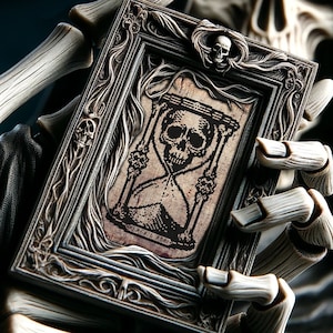 Könnte beinhalten: Eine skelettartige Hand hält einen dunklen, verzierten Bilderrahmen mit einem Sanduhr- und Totenkopfdesign. Der Rahmen hat eine strukturierte, gealterte Optik und die Sanduhr ist mit Sand gefüllt.
