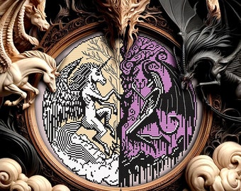 Unicorn and Lilith Cross Stitch Pattern Horror Gift for Goth X-Stitch Witchy Occult Dark Spooky Skull Halloween Woodcut Modern Xstitch