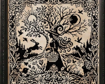 Woodcut Ostara Witch Cross Stitch Pattern Witchy Gift for Easter Goth X-Stitch Spooky Cottagecore Monochrome Tree of Life Halloween Modern