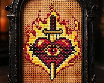 Small Sacred Heart Cross Stitch Pattern for Necklace or Ornament Gift for Goth X-Stitch Witchy Spooky Gothic Burning Heart  Halloween Modern