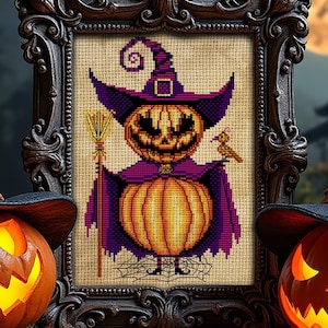 May include: A cross-stitch pattern of a pumpkin dressed as a witch with a purple robe, a pointed hat, and a broom. The pumpkin is holding a small bird in its hand. The pattern is framed in a dark wood frame.