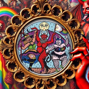 May include: A framed cross-stitch design featuring a colorful, pixelated illustration of a witch, a devil, and a person with a rainbow flag. The design is surrounded by a gold frame and is held by a red, clawed hand.