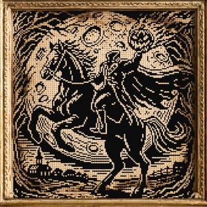 May include: Framed cross-stitch art depicting the Headless Horseman riding a horse through a forest. The artwork is in black and tan, set in a distressed gold-colored frame. The scene includes a pumpkin, a church, and a full moon.