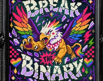 Break the Binary Cross Stitch Pattern Pride Witchy Gay Griffin Rainbow LGBTQ Pastel Goth Whimsical Halloween Gothic Modern Cute Xstitch