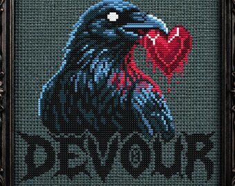 Devour Raven Cross Stitch Pattern Crow Gothic Gift for Halloween X-Stitch Spooky Creepy Love Valentine Heart PDF