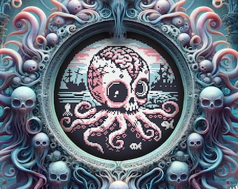 Zombie Kraken Cross Stitch Pattern Horror Gift for Goth X-Stitch Witchy Spooky Octopus Halloween Modern Xstitch Chart