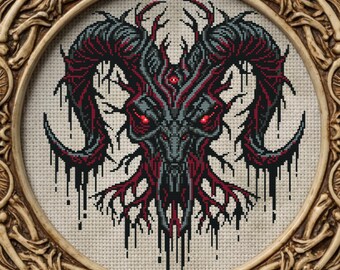 Baphomet Skull Cross Stitch Pattern Horror Gift for Goth X-Stitch Witchy Spooky Halloween  Modern Xstitch