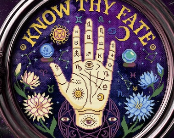 Know thy Fate Zodiac Cross Stitch Pattern Occult Gift for Goth X-Stitch Witchy Fortune Spooky Tarot Astrology Palm Halloween Modern Xstitch