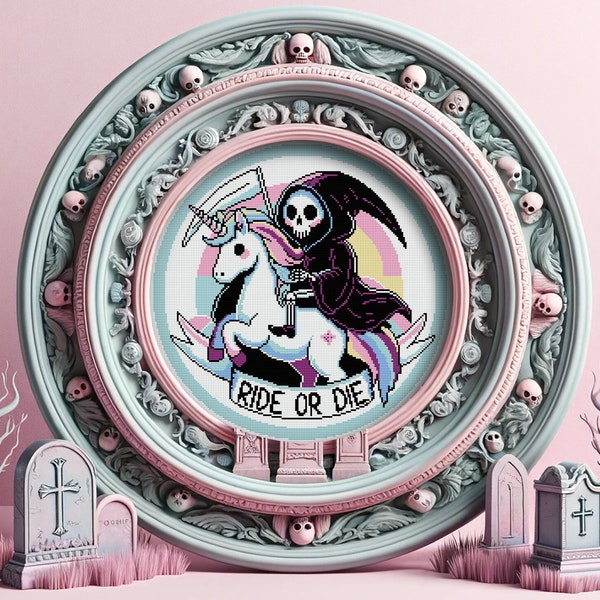 Grim Reaper on Unicorn Pastel Goth Cross Stitch Pattern Regalo de terror para Goth X-Stitch Spooky Creepy Lindo punto de cruz moderno