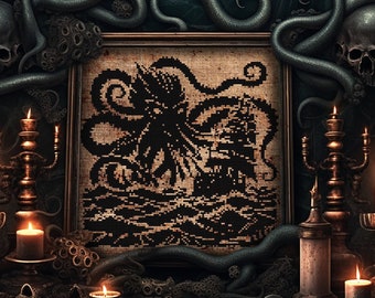 May include: A framed cross-stitch depicting a black and white image of a kraken attacking a ship. The frame is surrounded by dark green tentacles and skulls. There are several lit candles on a dark wooden surface.