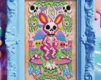 Patrón de punto de cruz de esqueleto de jackalope gótico pastel, regalo espeluznante para Halloween, punto de cruz ingenioso, caprichoso, divertido, kawaii, lindo conejito, criptozoólogo, fácil