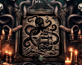 May include: A gothic-themed artwork featuring a framed black and white image of an octopus attacking a ship. The frame is adorned with skulls and tentacles. Lit candles and ornate candle holders surround the frame, creating a dark, mysterious ambiance.