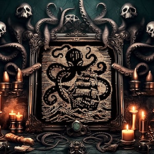 May include: A gothic-themed artwork featuring a framed black and white image of an octopus attacking a ship. The frame is adorned with skulls and tentacles. Lit candles and ornate candle holders surround the frame, creating a dark, mysterious ambiance.