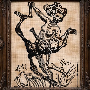 May include: A framed black and white cross-stitch artwork depicting a mythological figure. The artwork is in a dark brown ornate frame. A human skull rests on a stone surface to the right of the frame.