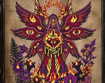 Fallen Seraphim Dusk Cross Stitch Pattern Occult Gift for Goth X-Stitch Witchy Spooky Floral Angel Sacred Heart Halloween Modern Instant PDF