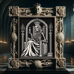 May include: A framed black and white pixel art image of a skeleton wearing a crown and sitting on a throne. The skeleton is holding a book and a candle. The frame is ornate and has a dark background.