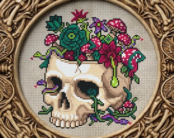 Deadly Delights Cross Stitch Pattern Spooky Gift for Halloween XStitch Snarky Whimsical Skull Flower Floral  Snake Modern Easy Pdf