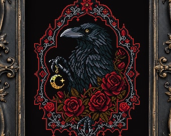 Raven N Roses Cross Stitch Pattern Gothic Gift for Goth X-Stitch Witchy Spooky Halloween Raven Occult Floral Modern PDF Pattern